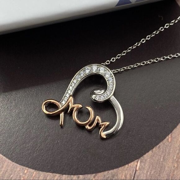 Sterling Silver Two Tone Rose Gold Mom CZ Heart Necklace - Picture 1 of 4